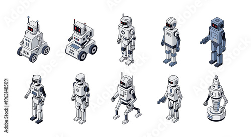 Set of ten various isometric robotic characters designed for different industrial, domestic, and futuristic tasks.