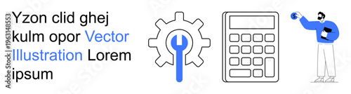 Technology, business, problem-solving, workflow, system optimization, productivity. Gear with wrench, calculator and a person. Technology and business solutions concept