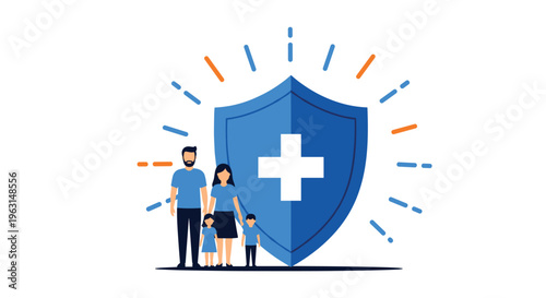 Young family stands together in front of a large blue medical shield with a cross symbolizing health insurance coverage.