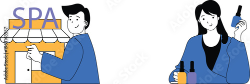 A man opens spa door while woman holds skincare products and nail polish brush