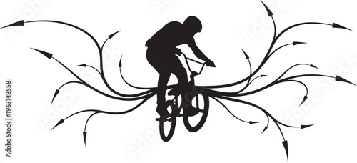 Black silhouette of cyclist riding bicycle with arrows