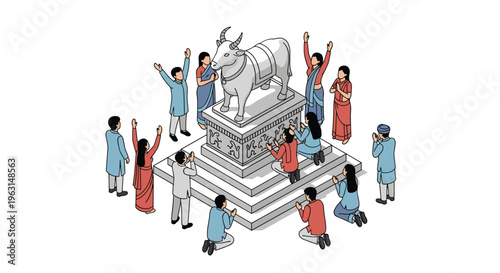 Group of people in traditional indian clothing perform a religious ritual and pray around a large silver bull statue.
