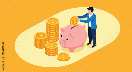 Businessman puts gold coins into a large pink piggy bank to represent financial savings, banking, and wealth growth.