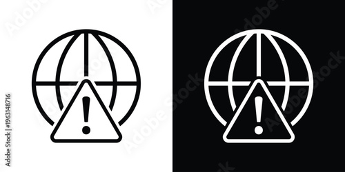 Vector icon of a globe with a prominent warning triangle and exclamation mark. Represents global alerts, internet security risks, worldwide emergencies, and system error notifications.
