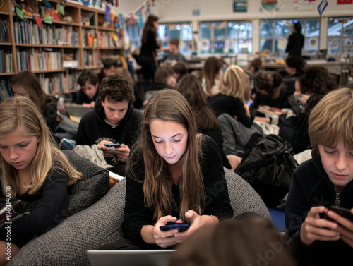 Children Using Smartphones and Social Media In School classroom