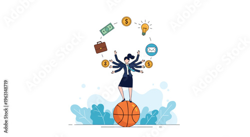 Multitasking businesswoman with multiple arms balances on a basketball while juggling various business and financial icons.