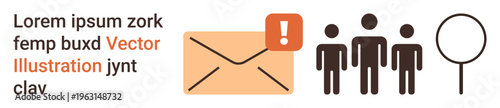 Communication, email alerts, audience targeting, information search, notifications, digital services. Envelope with exclamation mark, group of people magnifying glass. Communication and email alerts