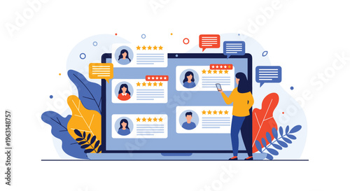 Woman uses her smartphone to browse customer reviews and star ratings for various services on a large laptop screen.