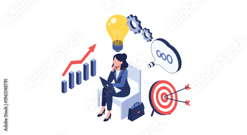 Professional businesswoman sits and thinks about her project goals, financial charts, and creative growth strategies.