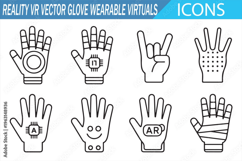 Obraz premium Minimal outline VR gloves icons set with augmented reality and smart devices