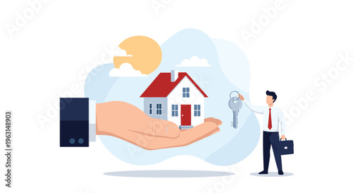 Real estate agent holds a pair of keys while a large hand presents a miniature house to represent property sales.