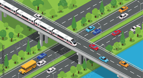 Isometric illustration of modern city transport infrastructure with a high-speed train on a bridge and car traffic.