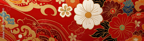 Intricate gold embroidered floral motifs woven across vibrant red traditional Chinese ceremonial silk brocade.