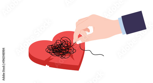 Hand tries to untangle a messy ball of black thread on a red heart to represent emotional healing and mental support.