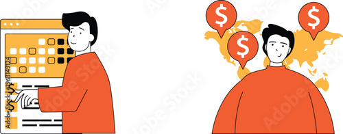 Two individuals engaged in digital financial transactions and international money transfers through online platforms