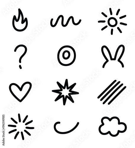 Collection of Hand-Drawn Doodle Fire, Waves, Sun, Question Mark, Circle, Ears, Heart, Starburst, Lines, Rays, Smile, Cloud