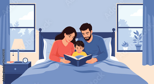 Mother and father sit in bed and read a bedtime storybook to their young son to promote family bonding and literacy.