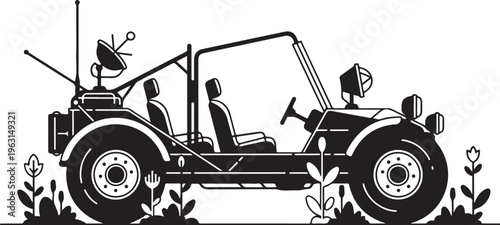 Black silhouette of jeep with satellite dish on back