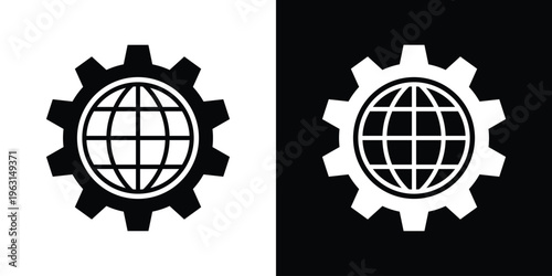 Clean globe enclosed within a gear symbol, representing global technology, system settings, and automation. Minimal black and white vector design, perfect for engineering, development, and tech-relate