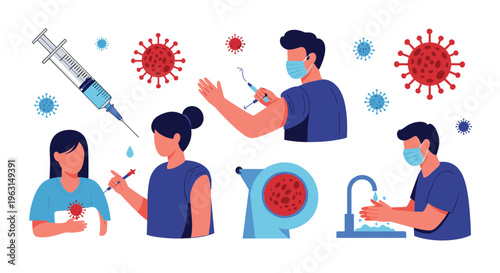 Healthcare collection showing various covid-19 prevention measures including vaccination shots, face masks, hand washing and viruses.
