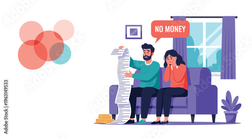 Stressed young couple sitting on a couch and looking at a very long bill while worrying about their financial situation and debts.