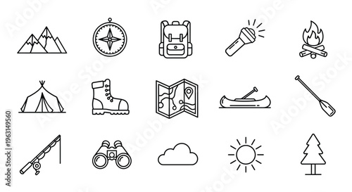 Outdoor adventure icons featuring camping hiking and nature silhouette