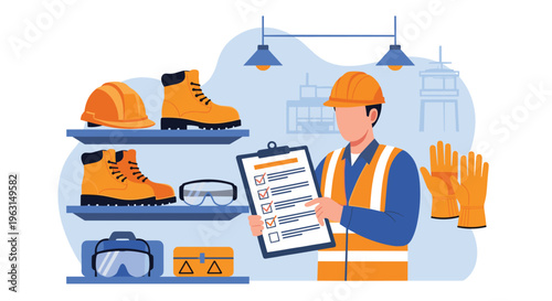 Industrial safety inspector wearing a hard hat and high visibility vest while checking personal protective equipment items on shelves.