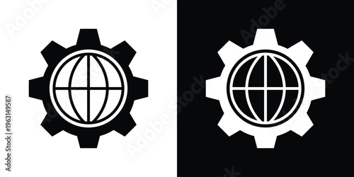 Clean globe enclosed within a gear symbol, representing global technology, system settings, and automation. Minimal black and white vector design, perfect for engineering, development, and tech-relate