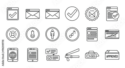 Collection of communication and office icons in simple line style silhouette