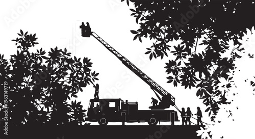 Black silhouette of people operating crane with bucket and tree branches