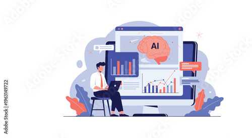 Professional man sitting at a large computer screen analyzing artificial intelligence data charts and brain graphics in his office.