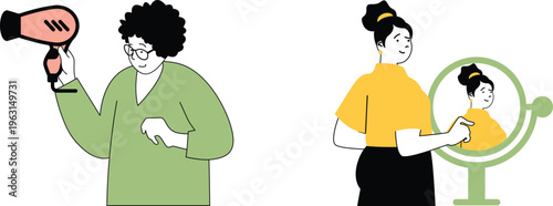 Two women engaged in self-care and grooming activities with a focus on hair styling and reflection