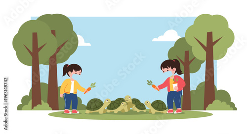 Young girls wearing face masks while feeding green tortoises with carrots in a lush forest park under a clear blue sky background.
