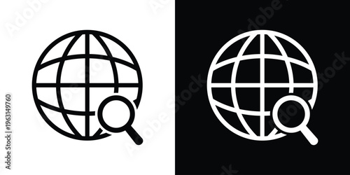 Minimal globe icon with a magnifying glass, illustrating global search, exploration, and data analysis. Simple black and white vector style, ideal for research, SEO, discovery, and online browsing the