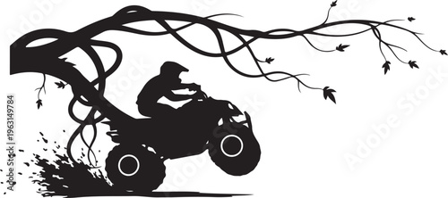 Black silhouette of person riding A T V under tree branch