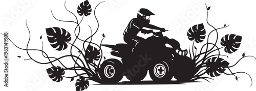 Black silhouette of person riding atv through tropical plants