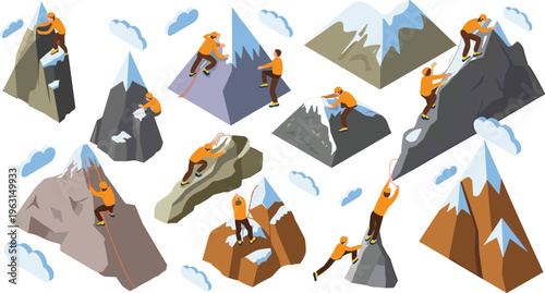 Isometric mountain climbing adventure set with climbers scaling peaks rocks extreme sport hiking outdoor vector illustration collection design