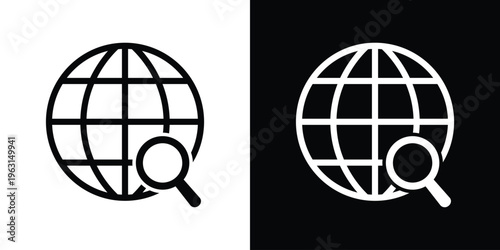 Minimal globe icon with a magnifying glass, illustrating global search, exploration, and data analysis. Simple black and white vector style, ideal for research, SEO, discovery, and online browsing the