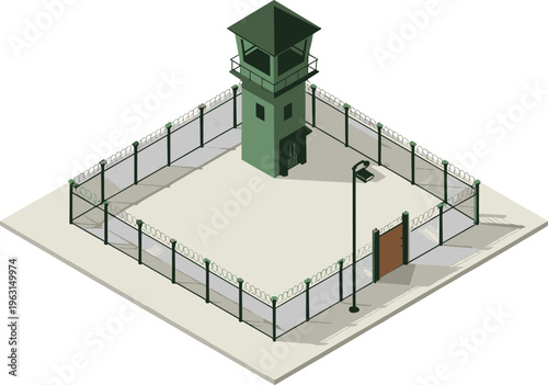 Isometric prison guard tower with secure fence, surveillance system, restricted area facility, security infrastructure concept, barbed wire perimeter protection design