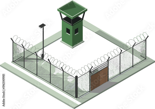 Isometric prison security area with watchtower barbed wire fence guarded perimeter surveillance system correctional facility illustration design concept