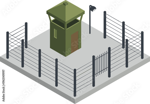 Isometric prison watchtower with barbed wire fence, security checkpoint, guarded facility illustration, surveillance system concept, restricted area protection design
