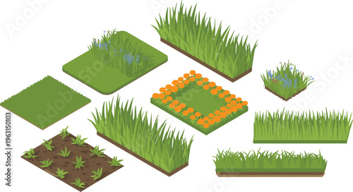 Isometric set of grass patches and garden elements with flowers and soil, perfect for landscape design, game assets and nature scenes