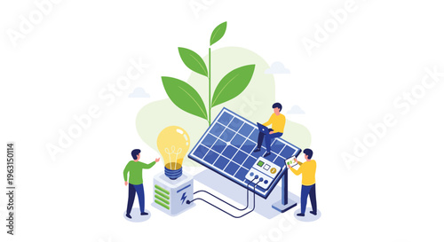 Green energy concept showing people working around a solar panel and a giant lightbulb connected to a battery under a plant.
