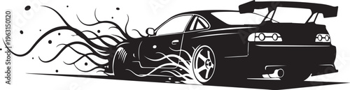 Black silhouette of sports car with smoke and flames