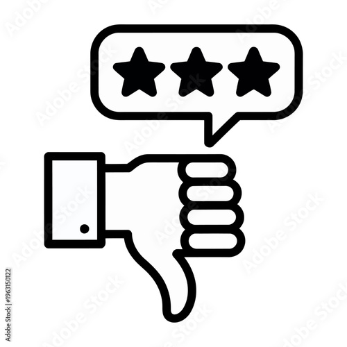 Thumbs down vector hand icon rejecting or disapproving a three-star rating in a speech bubble