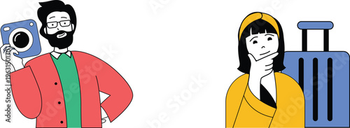 A man with camera and woman posing with luggage for a trip together happily