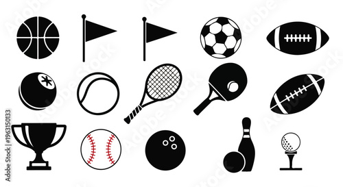 Flat lay of various sports icons and equipment on a white background