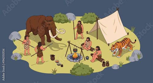 Cavemen hunting a mammoth, cooking food over an open fire, and living in tents while a tiger prowls nearby in this prehistoric camp.