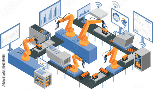Isometric smart factory automation with robotic arms conveyor system industry 4.0 manufacturing technology production line illustration design concept