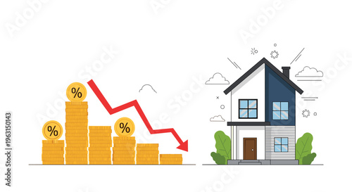 Financial chart with a red arrow pointing down next to a modern house representing a housing market crash or falling property prices.
